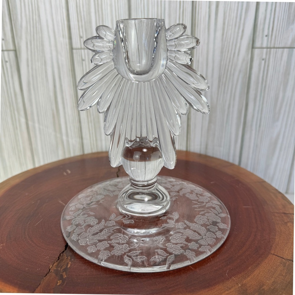 Vtg Martinsville Single Light Candlestick Flower Basket Etched Clear Art Deco